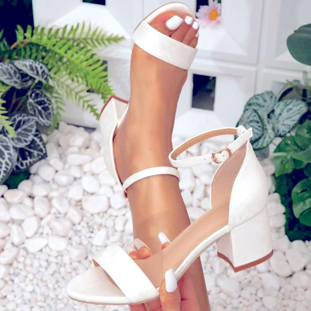White Block Heel Sandal with ankle strap - Picture 2 of 5